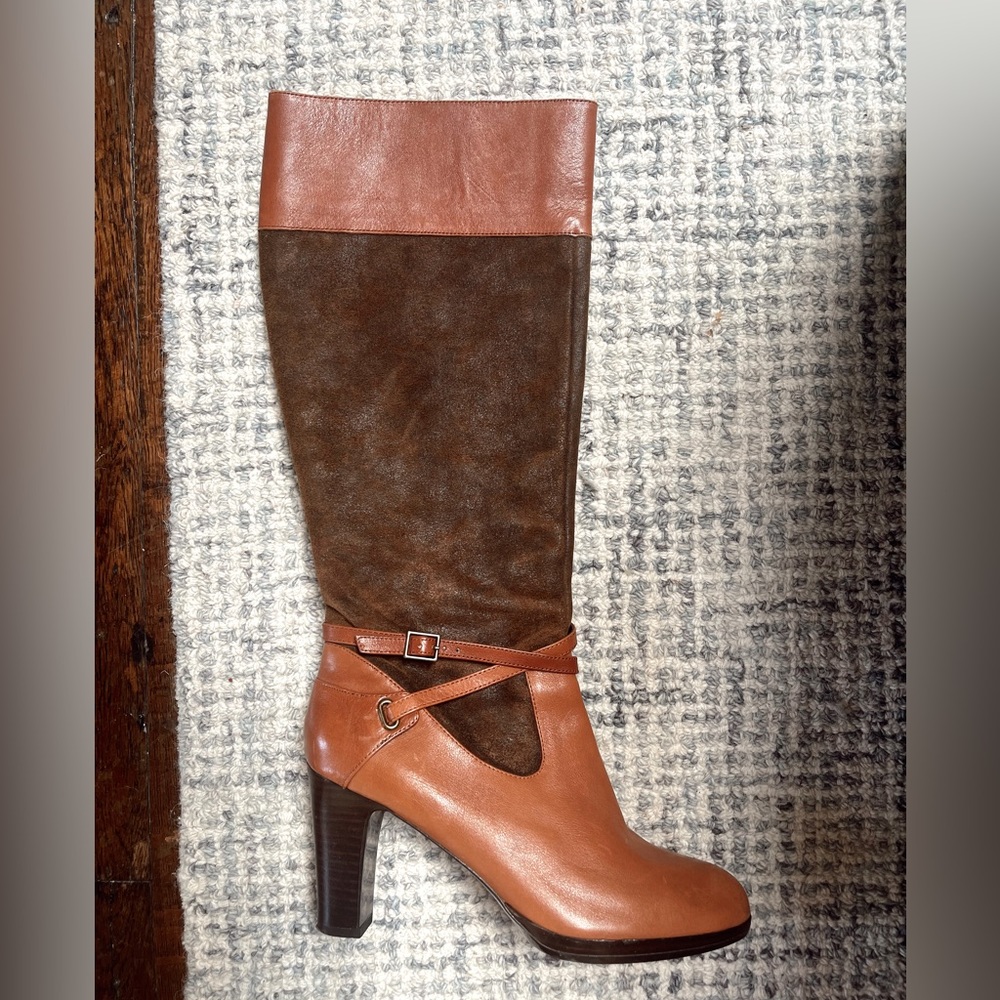 Ralph Lauren, genuine leather and suede two-tone heeled boots classic knee high